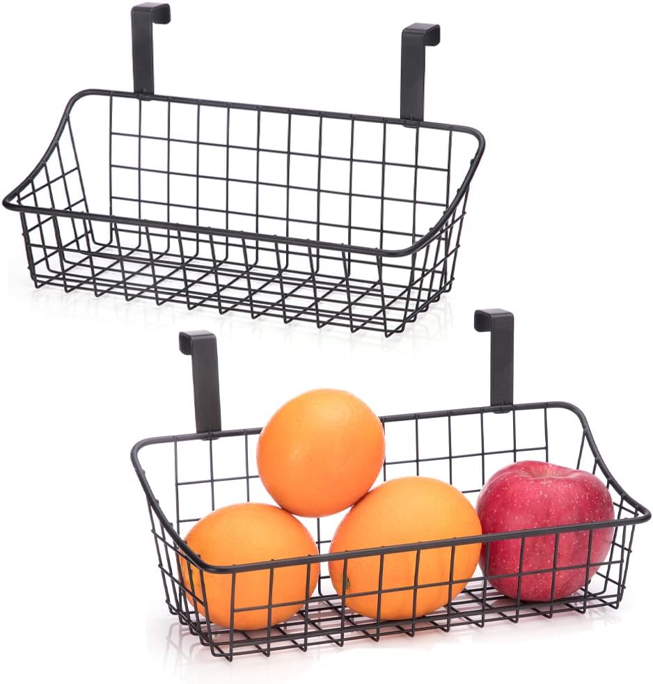 LeleCAT Over Cabinet Door Basket with hook Grid Storage Basket, Kitchen Storage Organizer,Over Cabinet Door Organizer,Hanging it behind a door or on a railing, Small, BLack