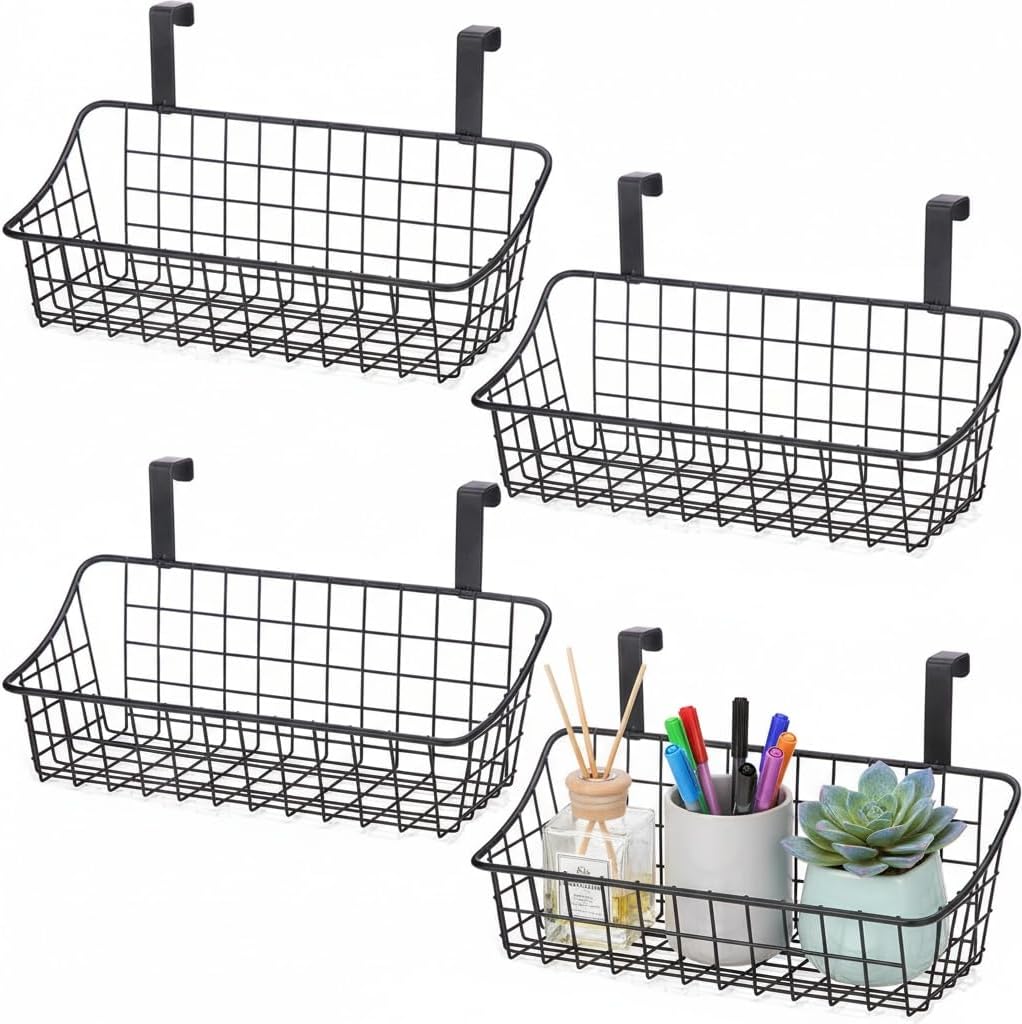 LeleCAT Over Cabinet Door Basket with hook Grid Storage Basket, Kitchen Storage Organizer,Over Cabinet Door Organizer,Hanging it behind a door or on a railing, Small, BLack