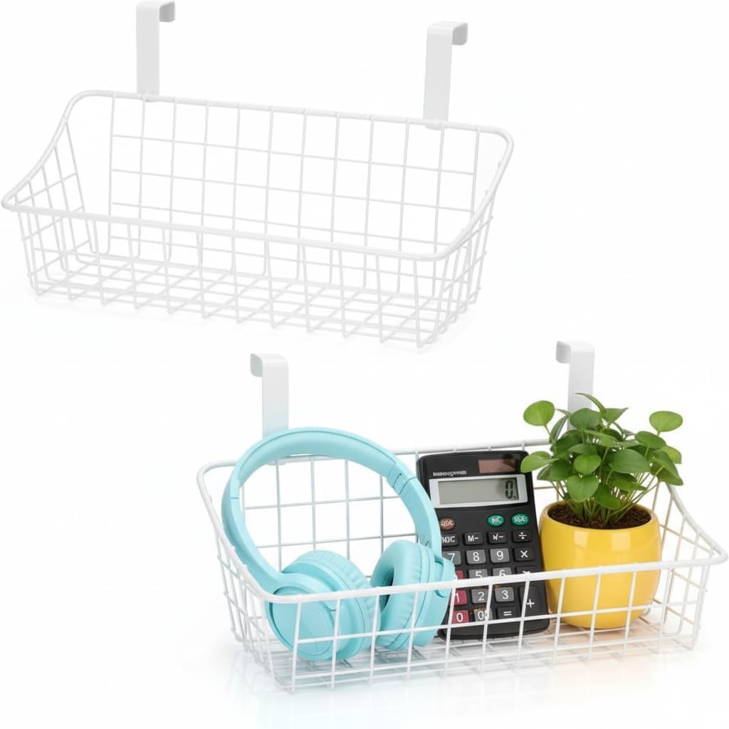 LeleCAT Over Cabinet Door Basket with hook Grid Storage Basket, Kitchen Storage Organizer,Over Cabinet Door Organizer,Hanging it behind a door or on a railing, Small, BLack