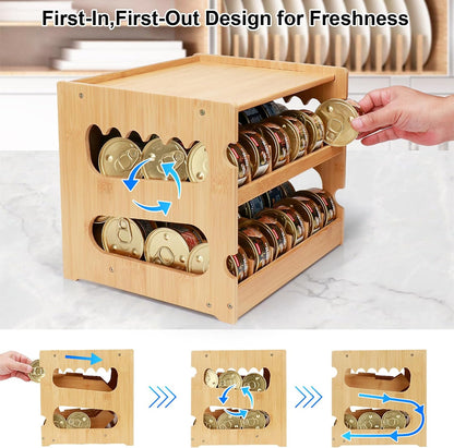 Bamboo Can Organizer for Pantry, 2 Tier Canned Cat Food Organizer for Kitchen Counter, Cat Food Storage Holds up to 36 Cans, Can Rack Organizer for Human and Pet Food Cans, FIFO Design