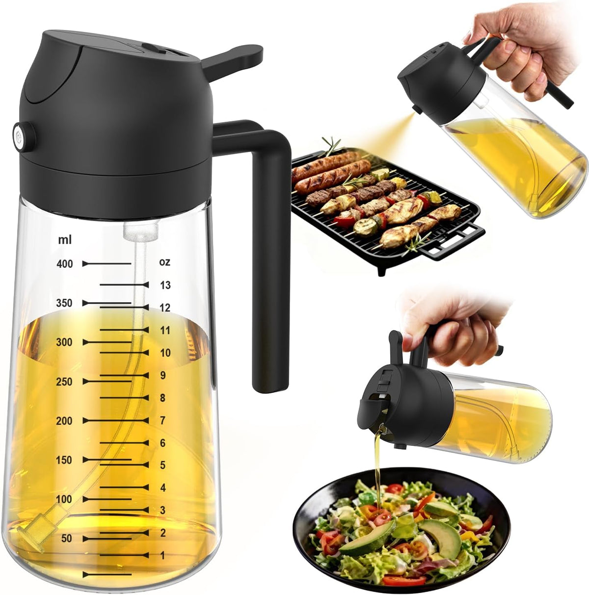 16oz/470ml Glass Olive Oil Sprayer for Cooking – 2 in 1 Olive Oil Dispenser Bottle for Kitchen Gadgets and Air Fryer Accessories, Salad, BBQ - Black
