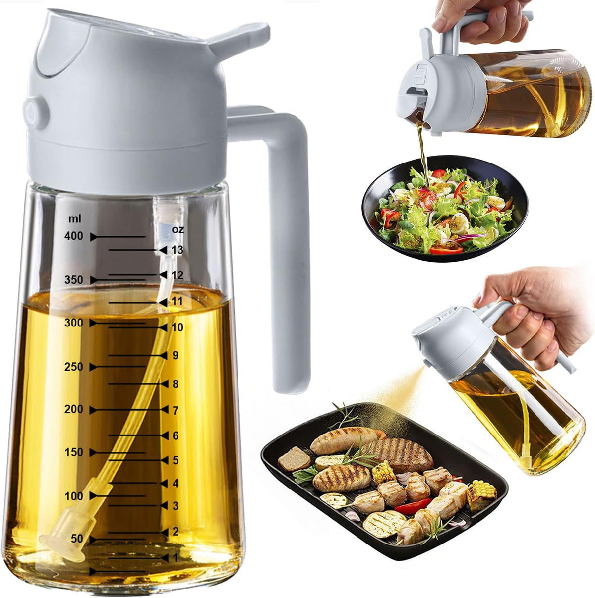 16oz/470ml Glass Olive Oil Sprayer for Cooking – 2 in 1 Olive Oil Dispenser Bottle for Kitchen Gadgets and Air Fryer Accessories, Salad, BBQ - Black