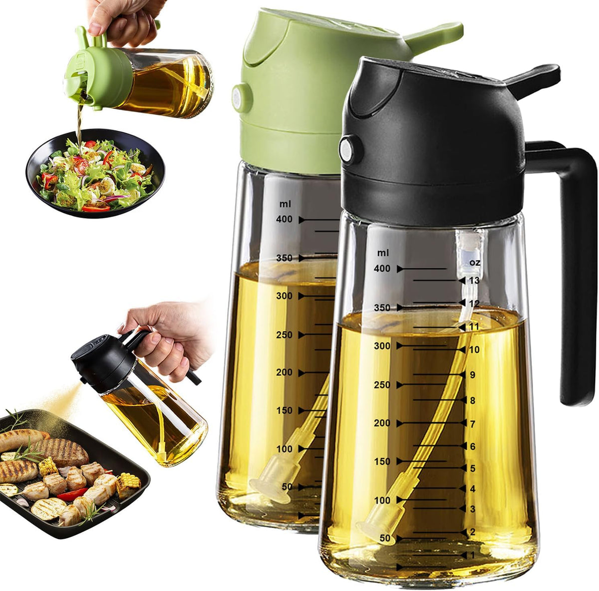 16oz/470ml Glass Olive Oil Sprayer for Cooking – 2 in 1 Olive Oil Dispenser Bottle for Kitchen Gadgets and Air Fryer Accessories, Salad, BBQ - Black