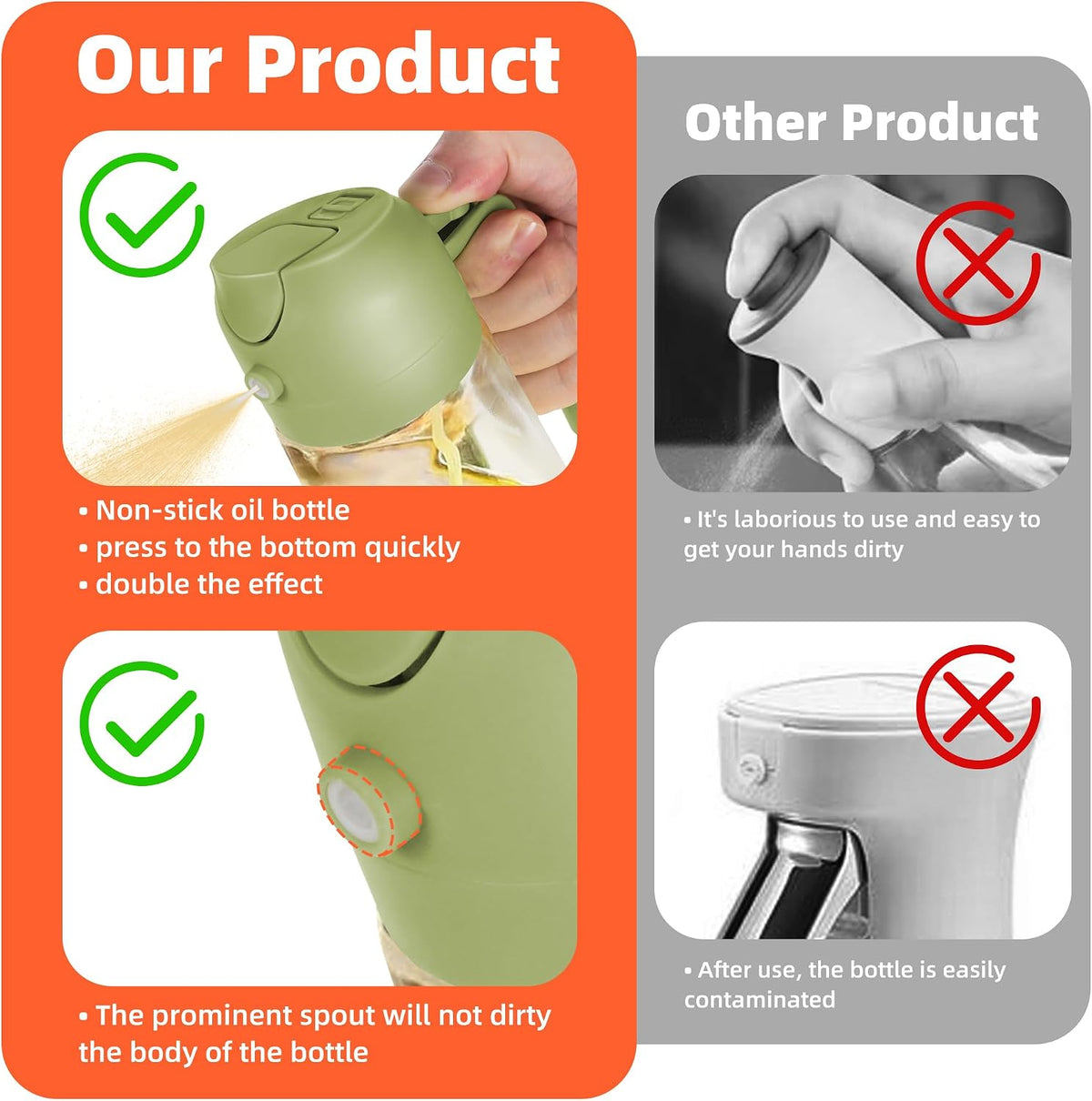 16oz/470ml Glass Olive Oil Sprayer for Cooking – 2 in 1 Olive Oil Dispenser Bottle for Kitchen Gadgets and Air Fryer Accessories, Salad, BBQ - Black