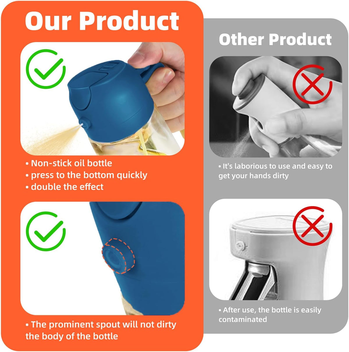 16oz/470ml Glass Olive Oil Sprayer for Cooking – 2 in 1 Olive Oil Dispenser Bottle for Kitchen Gadgets and Air Fryer Accessories, Salad, BBQ - Black