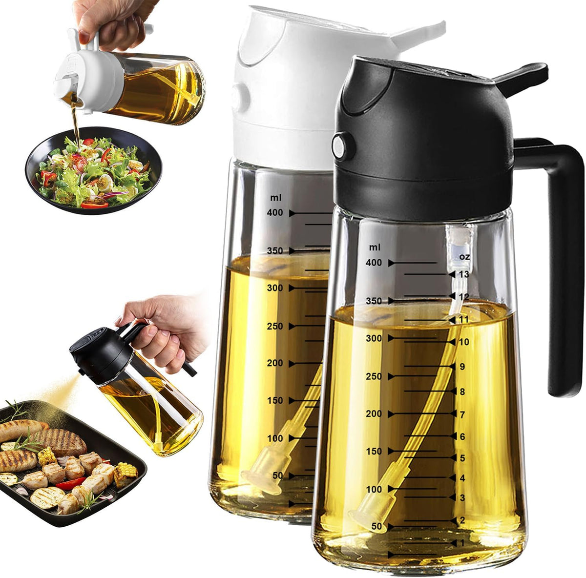 16oz/470ml Glass Olive Oil Sprayer for Cooking – 2 in 1 Olive Oil Dispenser Bottle for Kitchen Gadgets and Air Fryer Accessories, Salad, BBQ - Black