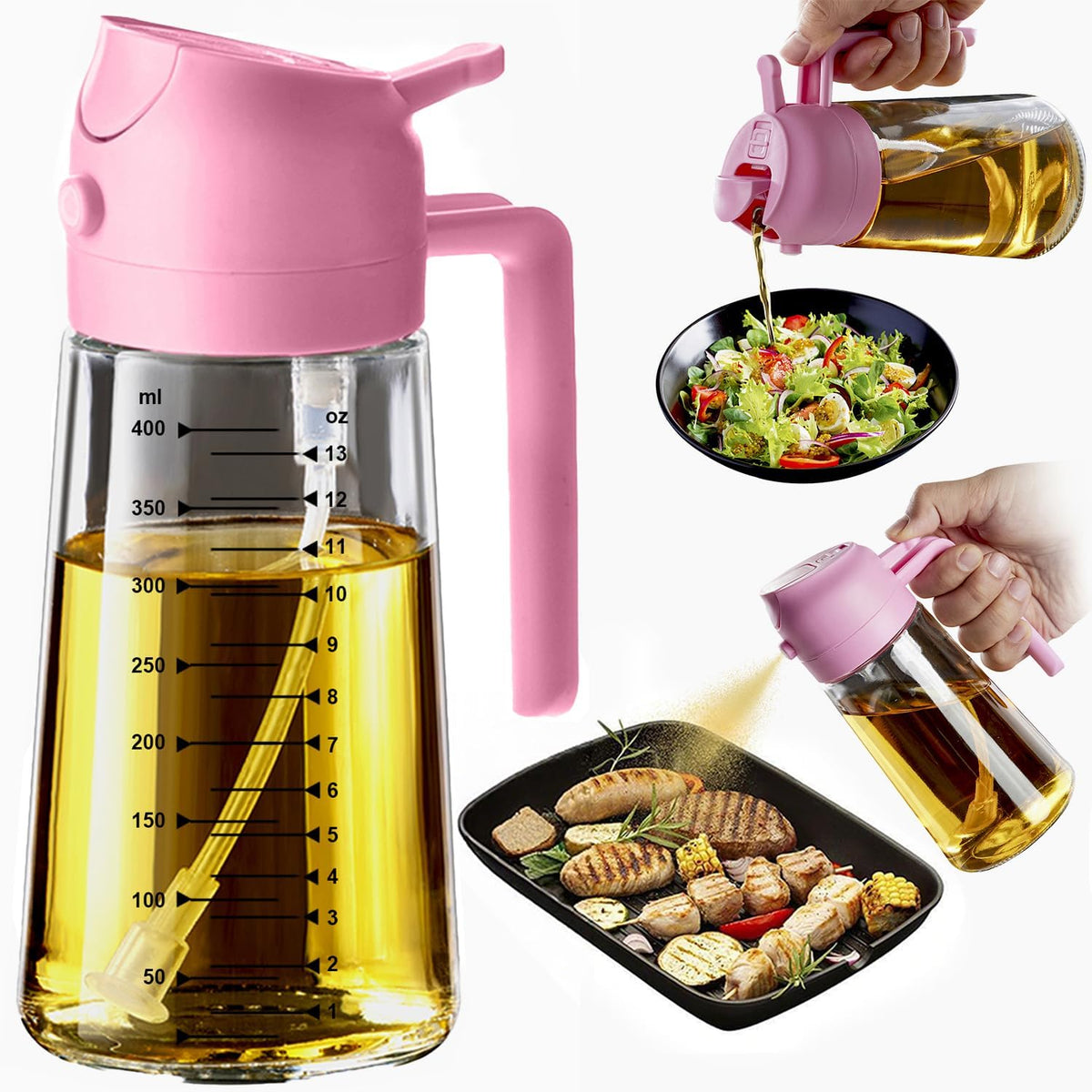 16oz/470ml Glass Olive Oil Sprayer for Cooking – 2 in 1 Olive Oil Dispenser Bottle for Kitchen Gadgets and Air Fryer Accessories, Salad, BBQ - Black