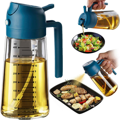 16oz/470ml Glass Olive Oil Sprayer for Cooking – 2 in 1 Olive Oil Dispenser Bottle for Kitchen Gadgets and Air Fryer Accessories, Salad, BBQ - Black