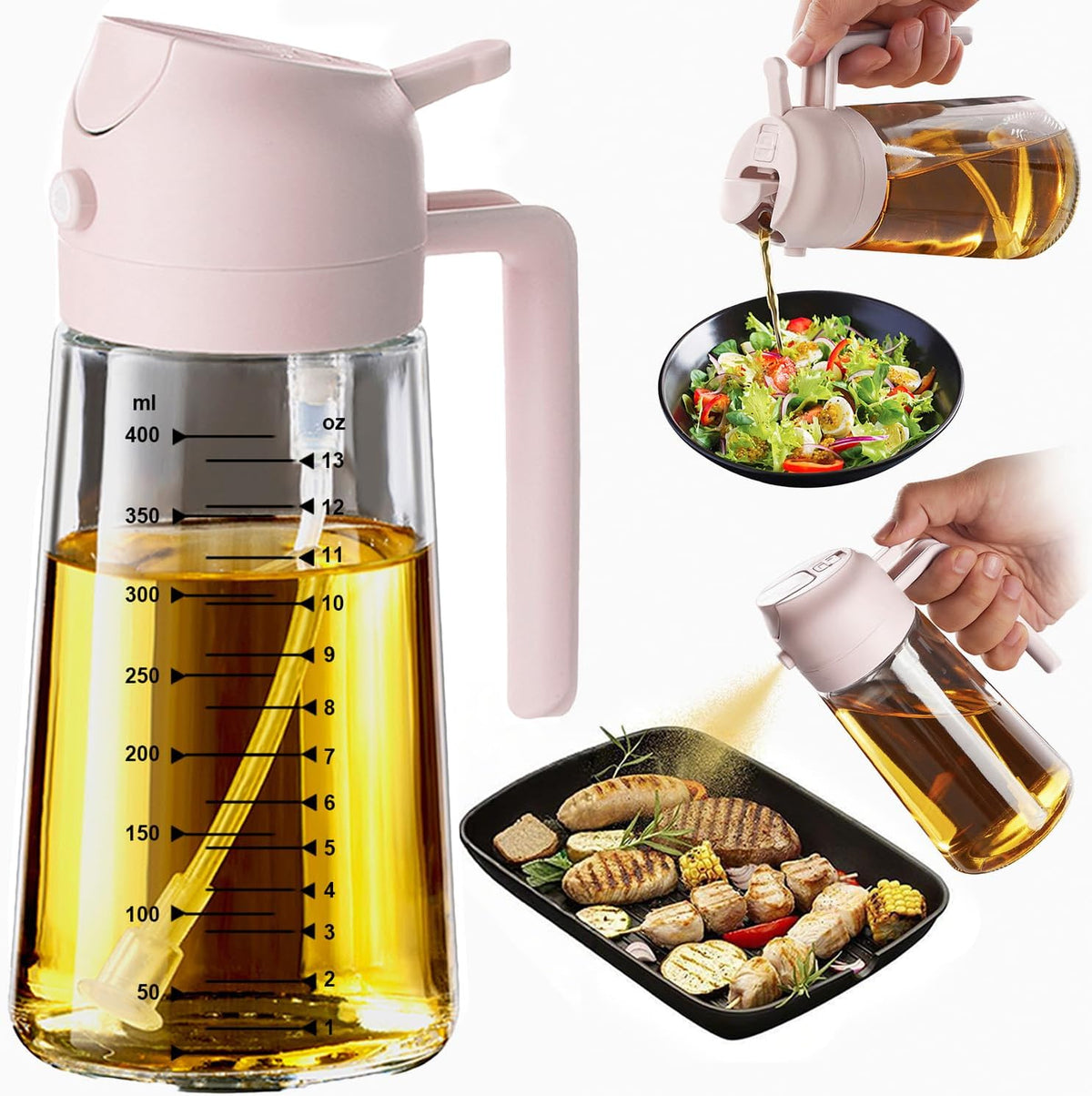 16oz/470ml Glass Olive Oil Sprayer for Cooking – 2 in 1 Olive Oil Dispenser Bottle for Kitchen Gadgets and Air Fryer Accessories, Salad, BBQ - Black