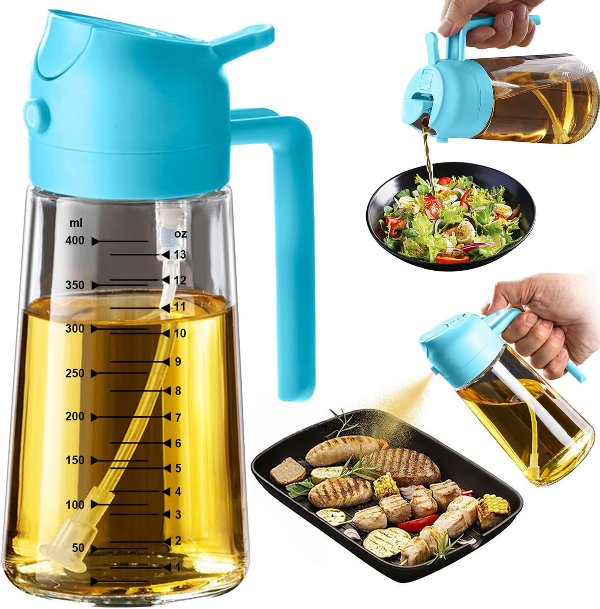 16oz/470ml Glass Olive Oil Sprayer for Cooking – 2 in 1 Olive Oil Dispenser Bottle for Kitchen Gadgets and Air Fryer Accessories, Salad, BBQ - Black