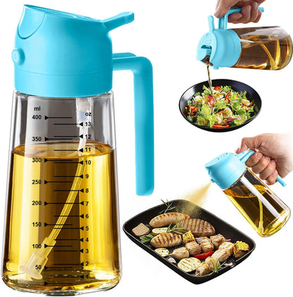 16oz/470ml Glass Olive Oil Sprayer for Cooking – 2 in 1 Olive Oil Dispenser Bottle for Kitchen Gadgets and Air Fryer Accessories, Salad, BBQ - Black