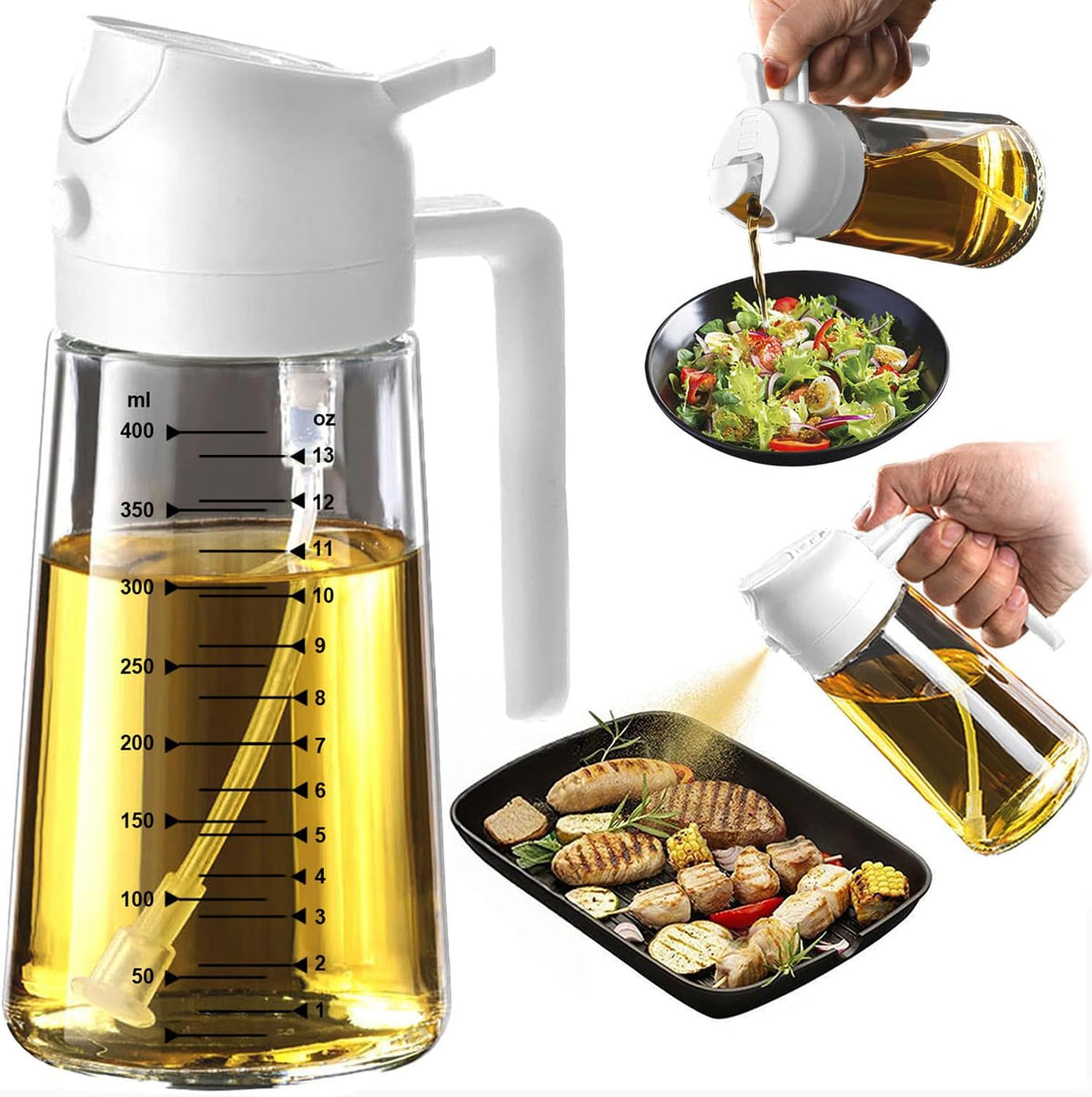 16oz/470ml Glass Olive Oil Sprayer for Cooking – 2 in 1 Olive Oil Dispenser Bottle for Kitchen Gadgets and Air Fryer Accessories, Salad, BBQ - Black