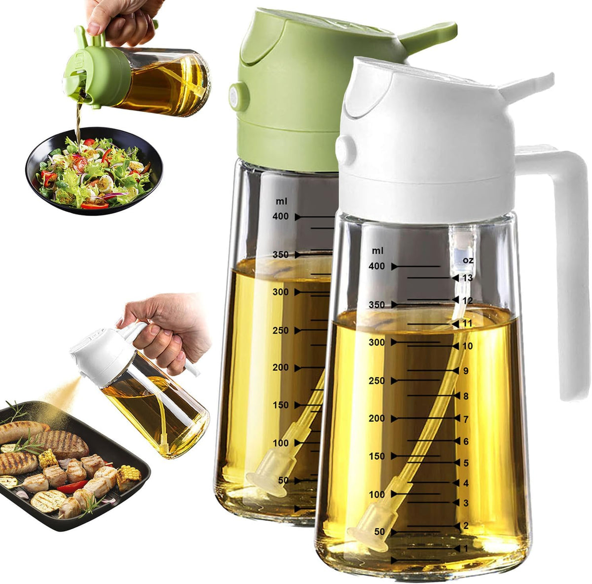16oz/470ml Glass Olive Oil Sprayer for Cooking – 2 in 1 Olive Oil Dispenser Bottle for Kitchen Gadgets and Air Fryer Accessories, Salad, BBQ - Black