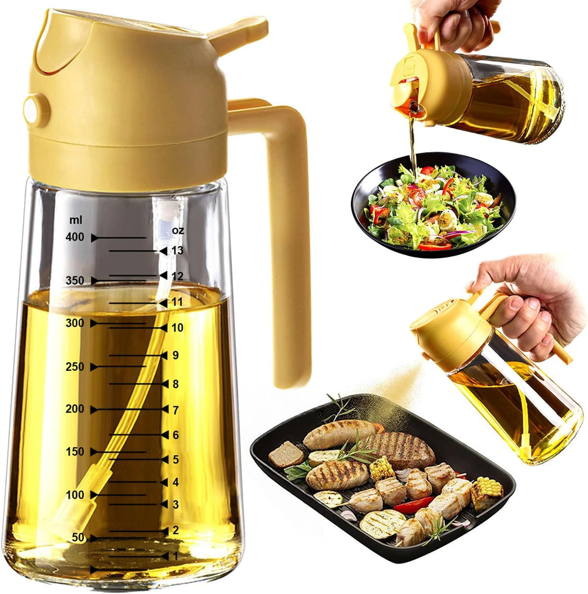 16oz/470ml Glass Olive Oil Sprayer for Cooking – 2 in 1 Olive Oil Dispenser Bottle for Kitchen Gadgets and Air Fryer Accessories, Salad, BBQ - Black