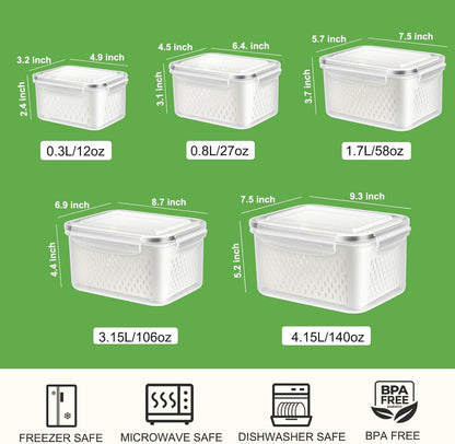 4 Pack Fruit Storage Containers for Fridge Keep Fresh - BPA Free Fresh Food Containers with Removable Colander, Produce Saver Keeper for Berry Lettuce Vegetables, Salad, Dishwasher & Microwave Safe