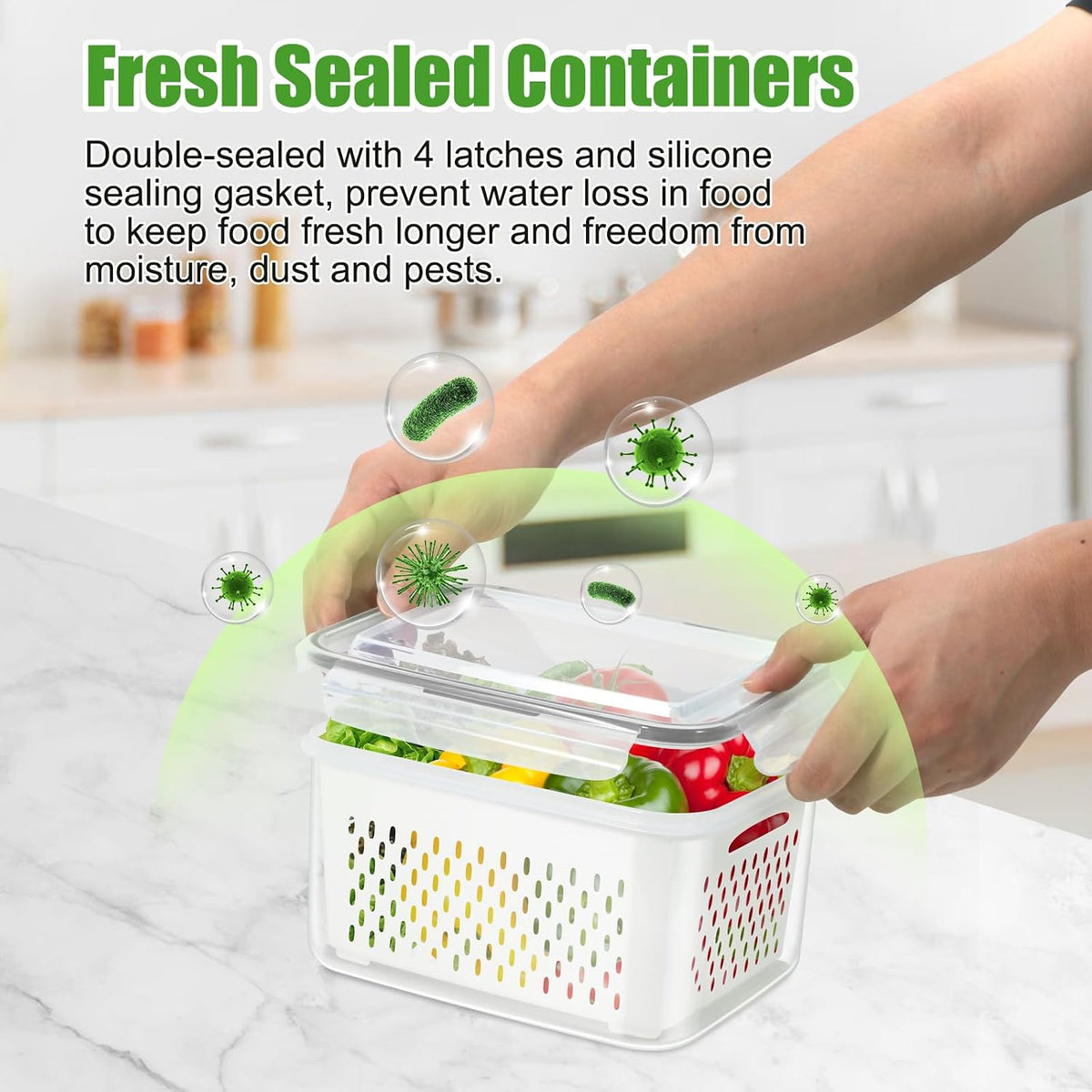 4 Pack Fruit Storage Containers for Fridge Keep Fresh - BPA Free Fresh Food Containers with Removable Colander, Produce Saver Keeper for Berry Lettuce Vegetables, Salad, Dishwasher & Microwave Safe