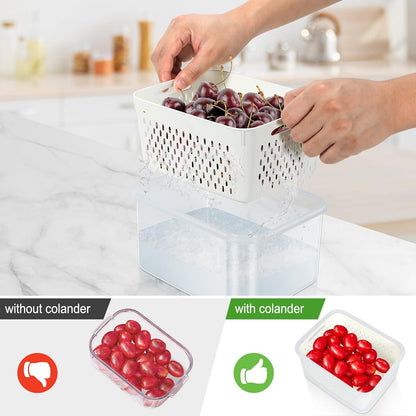 4 Pack Fruit Storage Containers for Fridge Keep Fresh - BPA Free Fresh Food Containers with Removable Colander, Produce Saver Keeper for Berry Lettuce Vegetables, Salad, Dishwasher & Microwave Safe