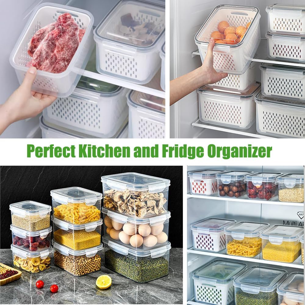 4 Pack Fruit Storage Containers for Fridge Keep Fresh - BPA Free Fresh Food Containers with Removable Colander, Produce Saver Keeper for Berry Lettuce Vegetables, Salad, Dishwasher & Microwave Safe