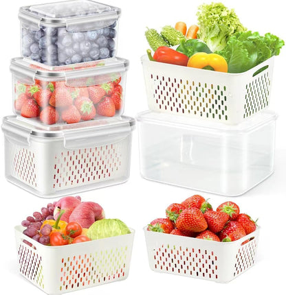 4 Pack Fruit Storage Containers for Fridge Keep Fresh - BPA Free Fresh Food Containers with Removable Colander, Produce Saver Keeper for Berry Lettuce Vegetables, Salad, Dishwasher & Microwave Safe