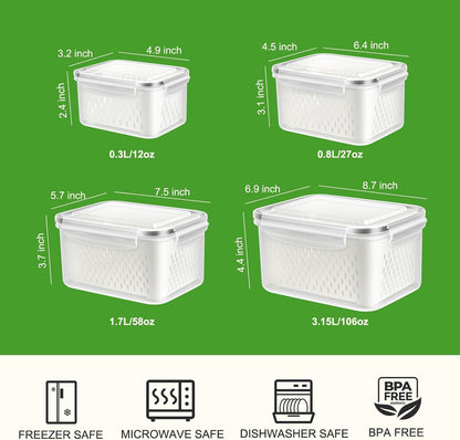 4 Pack Fruit Storage Containers for Fridge Keep Fresh - BPA Free Fresh Food Containers with Removable Colander, Produce Saver Keeper for Berry Lettuce Vegetables, Salad, Dishwasher & Microwave Safe