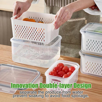 4 Pack Fruit Storage Containers for Fridge Keep Fresh - BPA Free Fresh Food Containers with Removable Colander, Produce Saver Keeper for Berry Lettuce Vegetables, Salad, Dishwasher & Microwave Safe