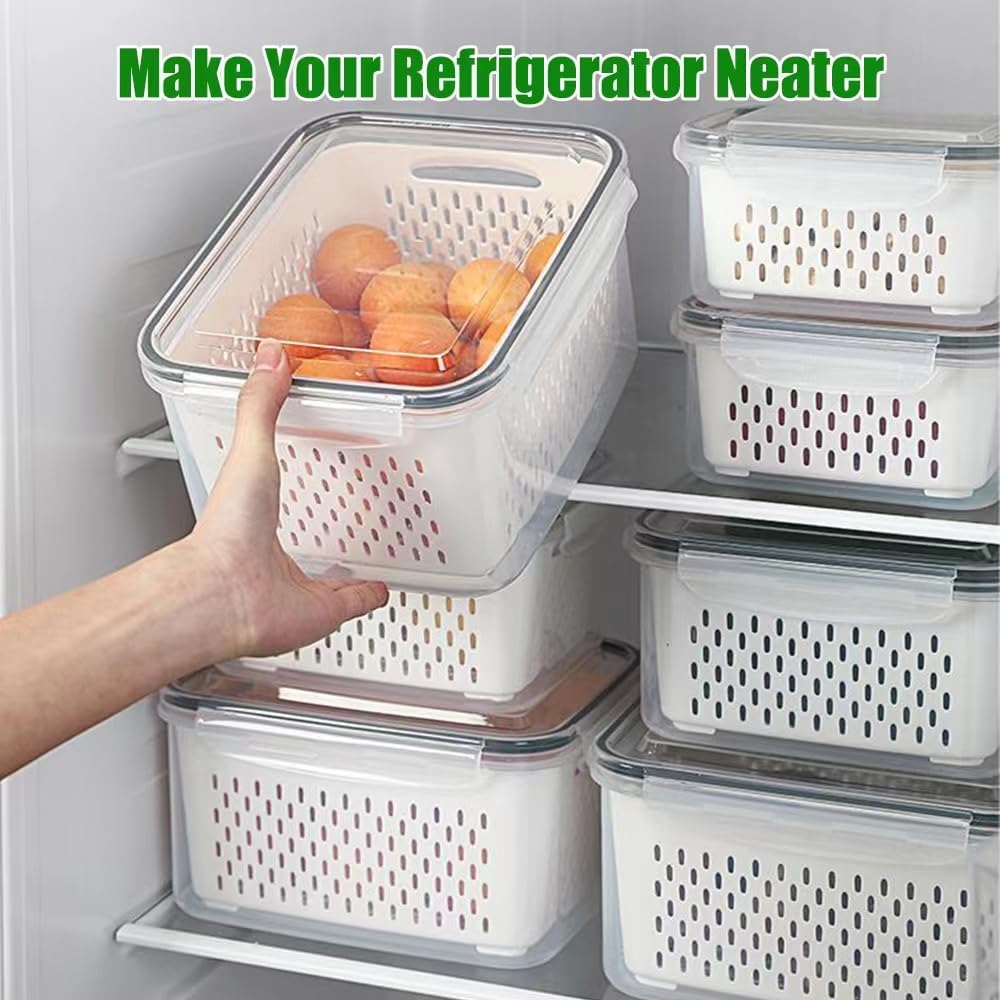 4 Pack Fruit Storage Containers for Fridge Keep Fresh - BPA Free Fresh Food Containers with Removable Colander, Produce Saver Keeper for Berry Lettuce Vegetables, Salad, Dishwasher & Microwave Safe