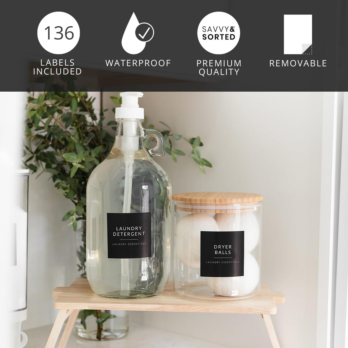 Laundry Labels for Jars, 136 Preprinted Home and Laundry Stickers for Storage Bins, Bathroom Cleaning Jars, Containers, Spray Bottles, Linen Closet, Household Organization