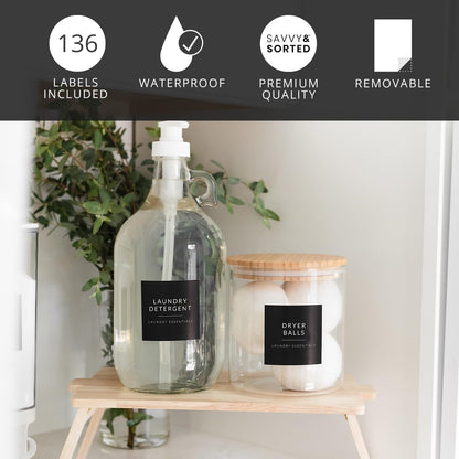 Laundry Labels for Jars, 136 Preprinted Home and Laundry Stickers for Storage Bins, Bathroom Cleaning Jars, Containers, Spray Bottles, Linen Closet, Household Organization