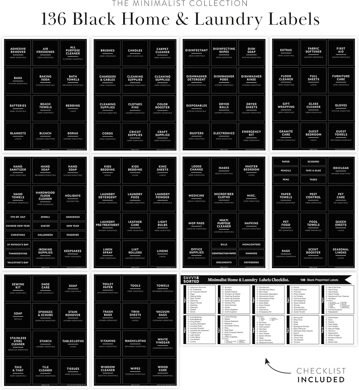 Laundry Labels for Jars, 136 Preprinted Home and Laundry Stickers for Storage Bins, Bathroom Cleaning Jars, Containers, Spray Bottles, Linen Closet, Household Organization