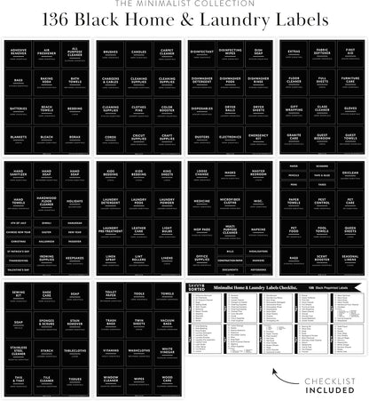 Laundry Labels for Jars, 136 Preprinted Home and Laundry Stickers for Storage Bins, Bathroom Cleaning Jars, Containers, Spray Bottles, Linen Closet, Household Organization