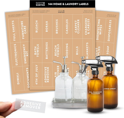 Laundry Labels for Jars, 136 Preprinted Home and Laundry Stickers for Storage Bins, Bathroom Cleaning Jars, Containers, Spray Bottles, Linen Closet, Household Organization