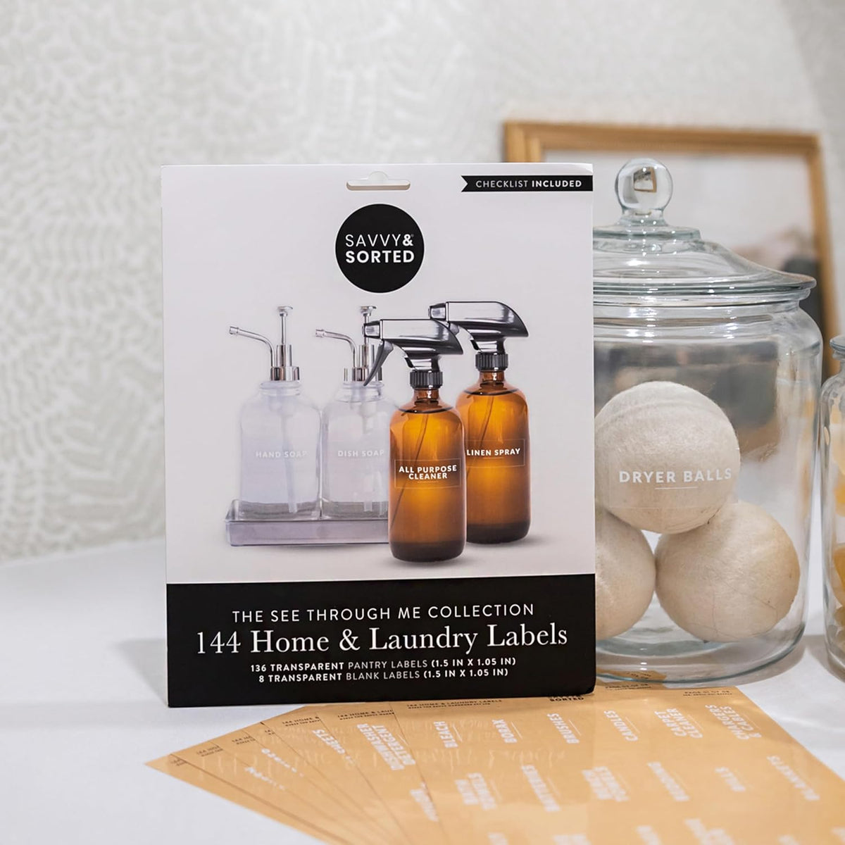 Laundry Labels for Jars, 136 Preprinted Home and Laundry Stickers for Storage Bins, Bathroom Cleaning Jars, Containers, Spray Bottles, Linen Closet, Household Organization
