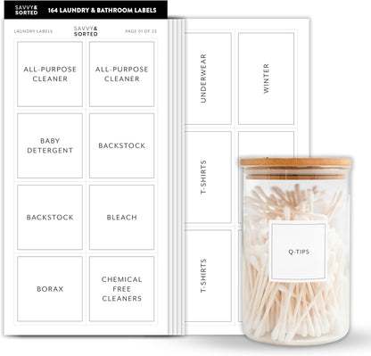 Laundry Labels for Jars, 136 Preprinted Home and Laundry Stickers for Storage Bins, Bathroom Cleaning Jars, Containers, Spray Bottles, Linen Closet, Household Organization