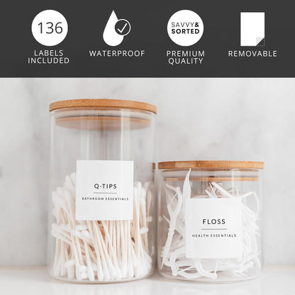Laundry Labels for Jars, 136 Preprinted Home and Laundry Stickers for Storage Bins, Bathroom Cleaning Jars, Containers, Spray Bottles, Linen Closet, Household Organization