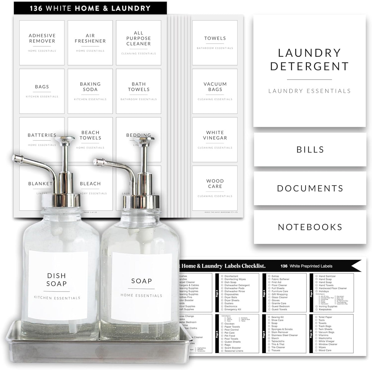 Laundry Labels for Jars, 136 Preprinted Home and Laundry Stickers for Storage Bins, Bathroom Cleaning Jars, Containers, Spray Bottles, Linen Closet, Household Organization
