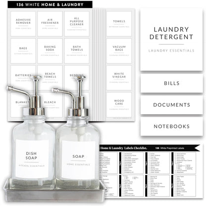 Laundry Labels for Jars, 136 Preprinted Home and Laundry Stickers for Storage Bins, Bathroom Cleaning Jars, Containers, Spray Bottles, Linen Closet, Household Organization