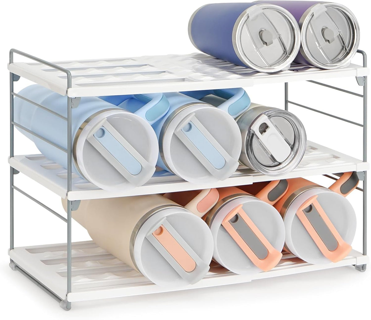 10.6-16.7" Adjustable Width Water Bottle Organizer for Cabinet, 3-Tier Expandable Water Bottle Holder Rack, Cup and Tumbler Storage for Kitchen Organization, Sports Flask, Insulated Travel Mug, Fridge