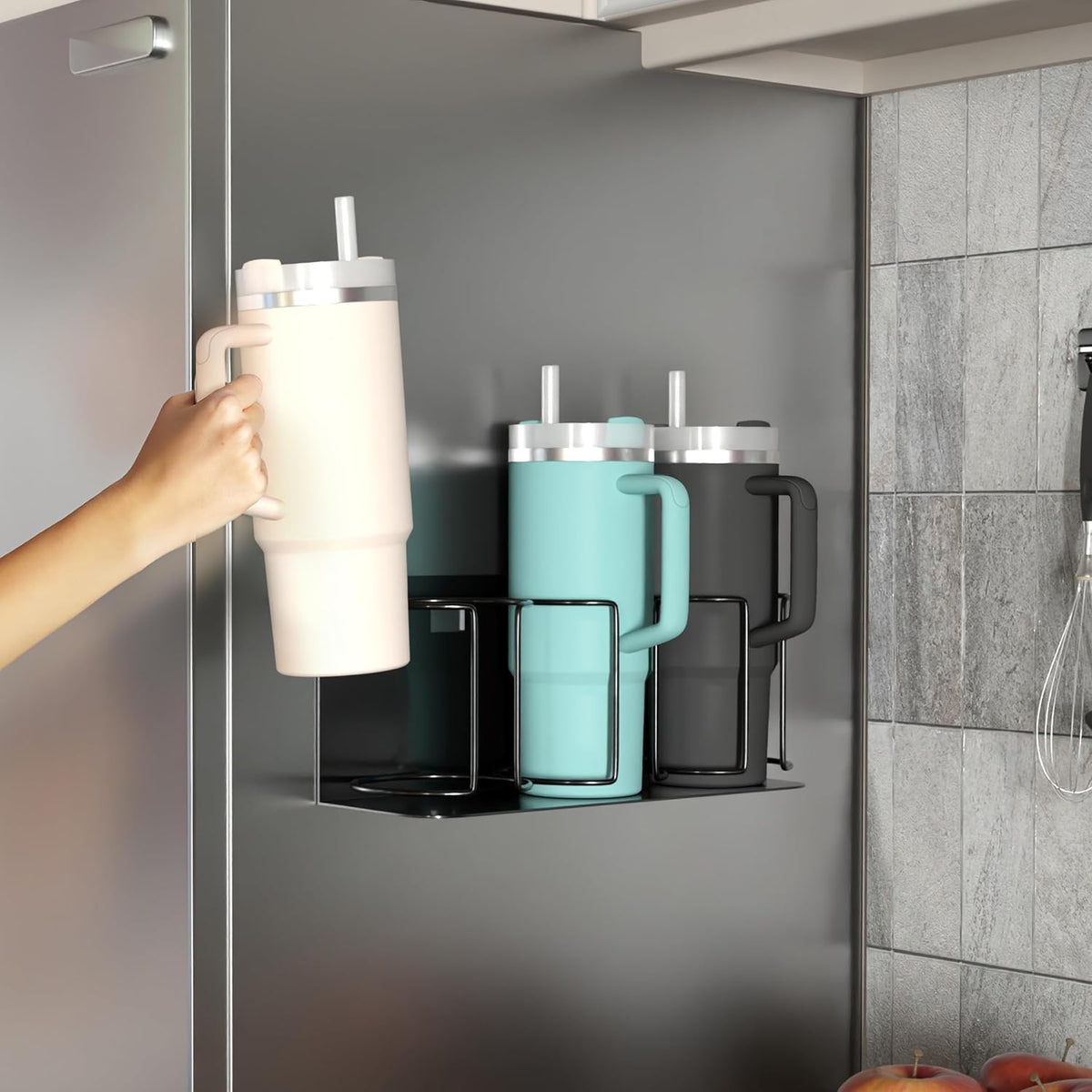 Tumbler Cup Organizer – 3-Cup Holder for Cabinet, Fridge, or Wall – Magnetic or Screw Mount – Tumbler Storage Organizer for 20oz 30oz 40oz Cups, Tumblers, and Water Bottles (Black)