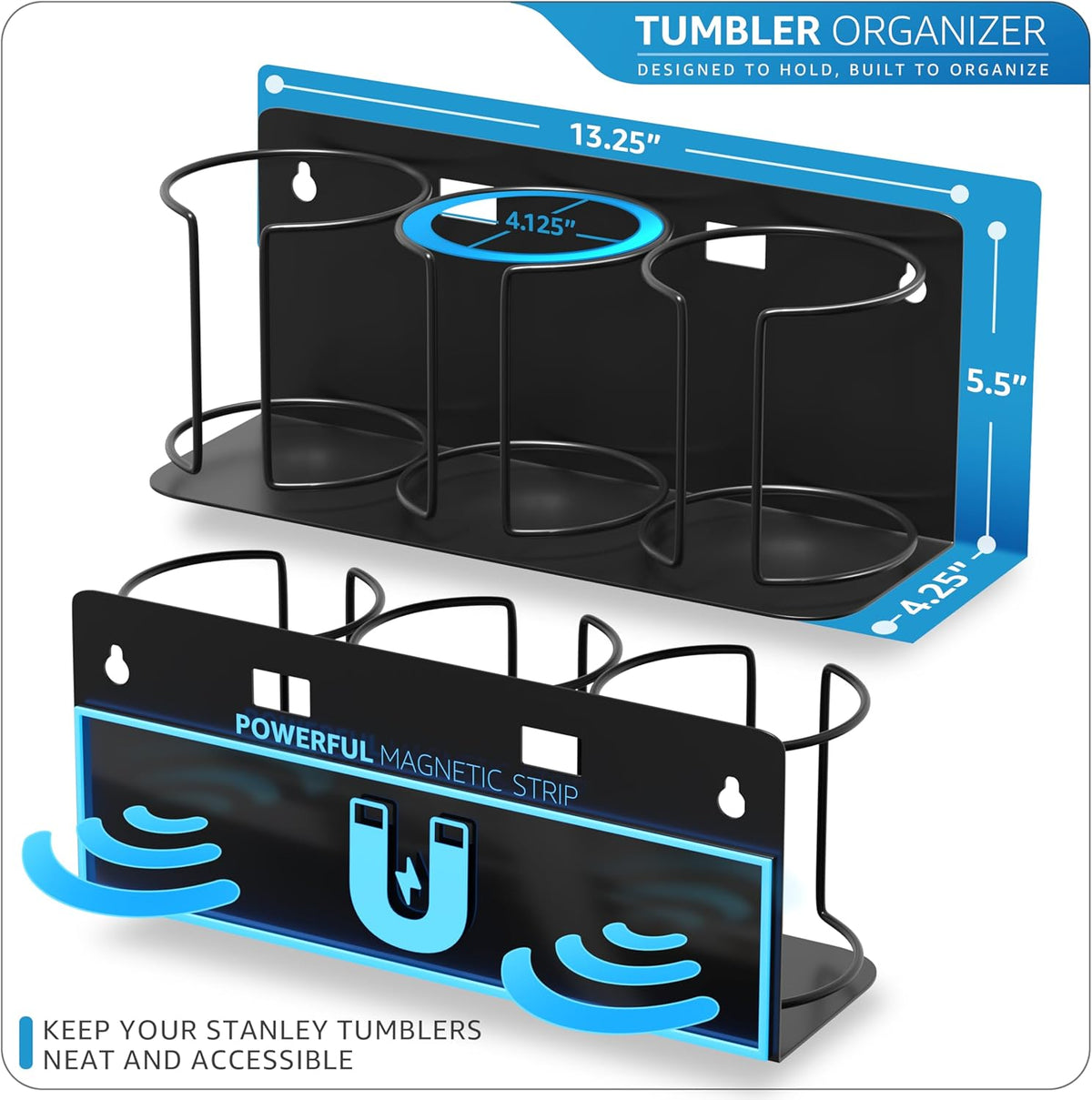 Tumbler Cup Organizer – 3-Cup Holder for Cabinet, Fridge, or Wall – Magnetic or Screw Mount – Tumbler Storage Organizer for 20oz 30oz 40oz Cups, Tumblers, and Water Bottles (Black)