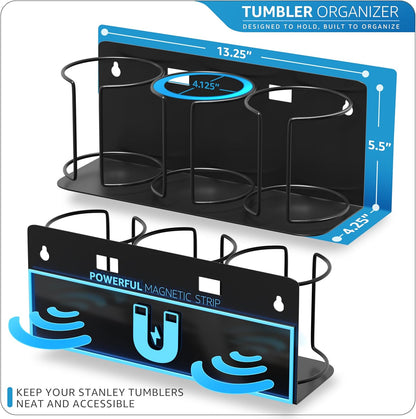 Tumbler Cup Organizer – 3-Cup Holder for Cabinet, Fridge, or Wall – Magnetic or Screw Mount – Tumbler Storage Organizer for 20oz 30oz 40oz Cups, Tumblers, and Water Bottles (Black)