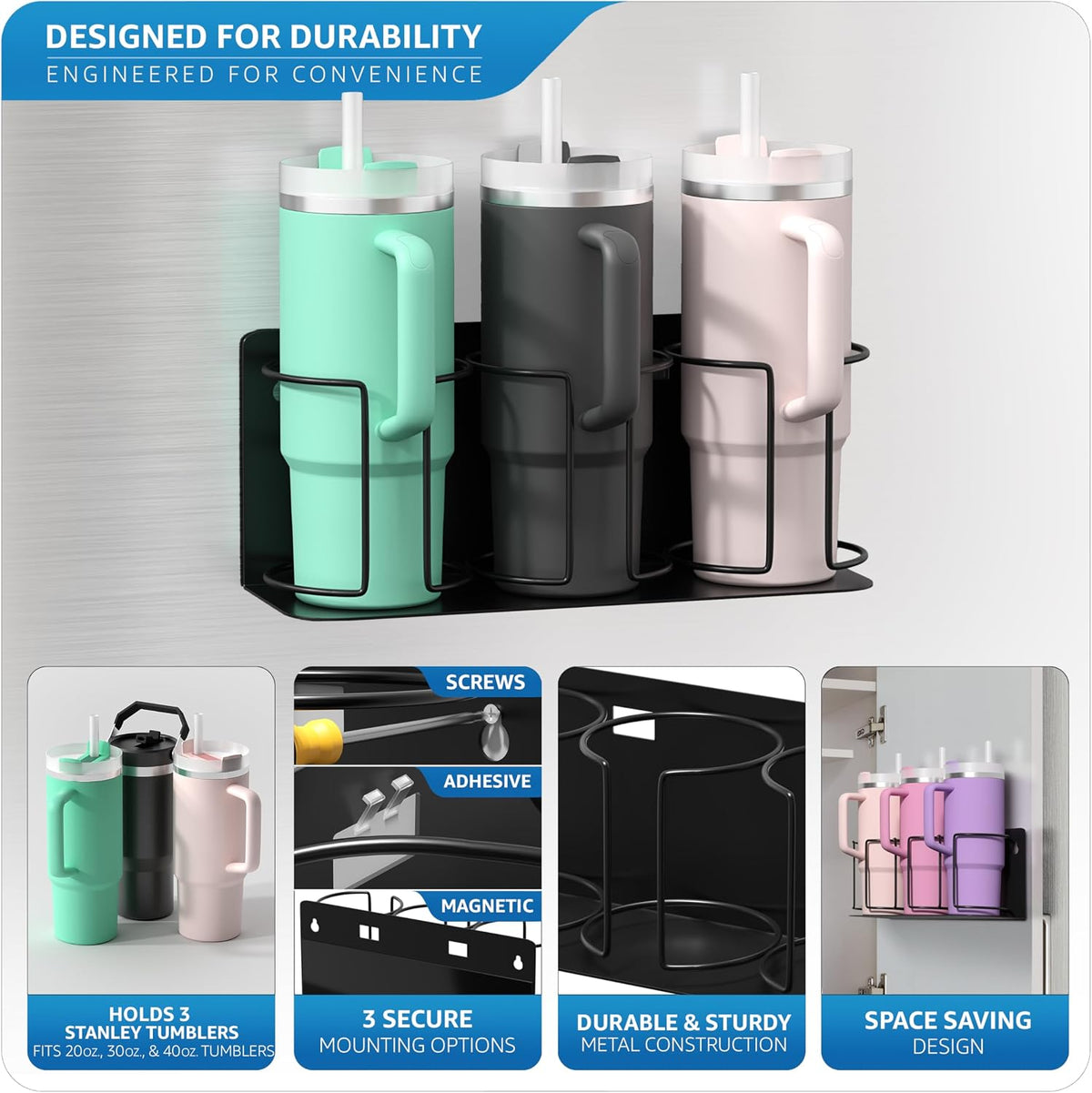 Tumbler Cup Organizer – 3-Cup Holder for Cabinet, Fridge, or Wall – Magnetic or Screw Mount – Tumbler Storage Organizer for 20oz 30oz 40oz Cups, Tumblers, and Water Bottles (Black)