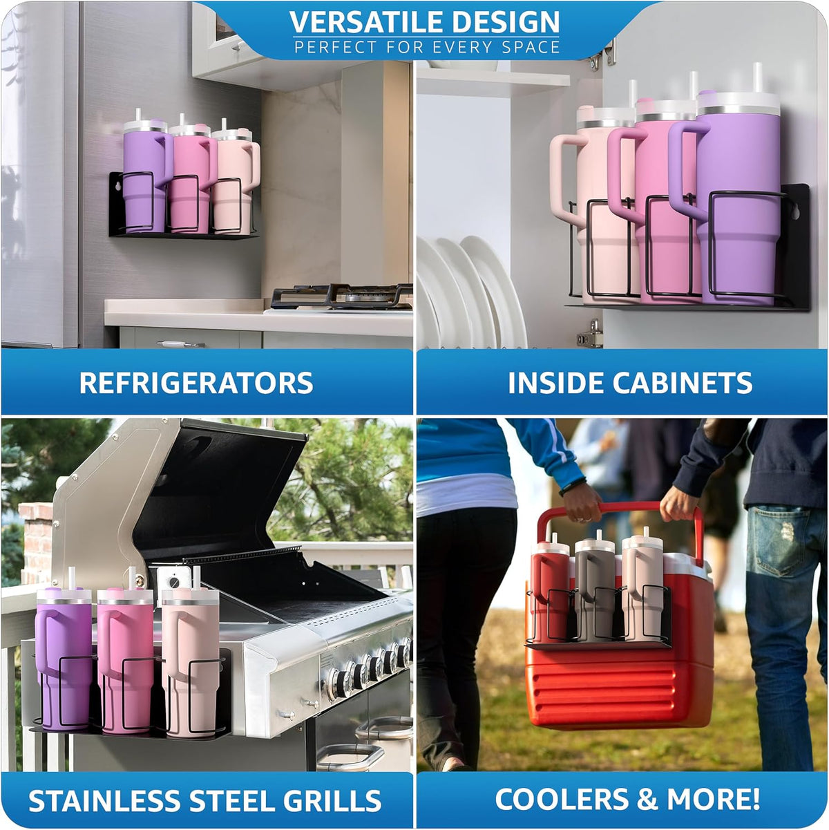 Tumbler Cup Organizer – 3-Cup Holder for Cabinet, Fridge, or Wall – Magnetic or Screw Mount – Tumbler Storage Organizer for 20oz 30oz 40oz Cups, Tumblers, and Water Bottles (Black)
