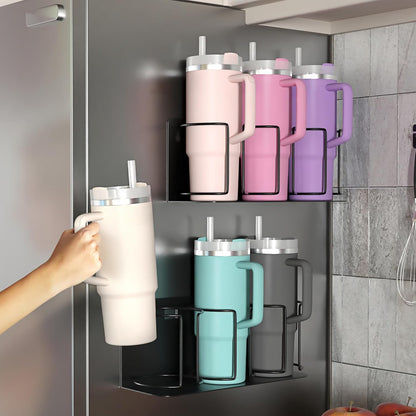 Tumbler Cup Organizer – 3-Cup Holder for Cabinet, Fridge, or Wall – Magnetic or Screw Mount – Tumbler Storage Organizer for 20oz 30oz 40oz Cups, Tumblers, and Water Bottles (Black)