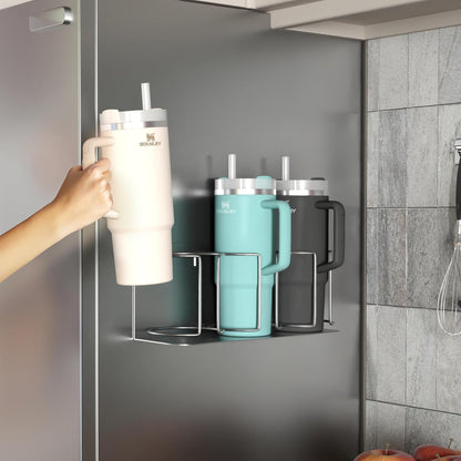 Tumbler Cup Organizer – 3-Cup Holder for Cabinet, Fridge, or Wall – Magnetic or Screw Mount – Tumbler Storage Organizer for 20oz 30oz 40oz Cups, Tumblers, and Water Bottles (Black)