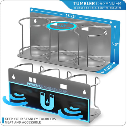 Tumbler Cup Organizer – 3-Cup Holder for Cabinet, Fridge, or Wall – Magnetic or Screw Mount – Tumbler Storage Organizer for 20oz 30oz 40oz Cups, Tumblers, and Water Bottles (Black)