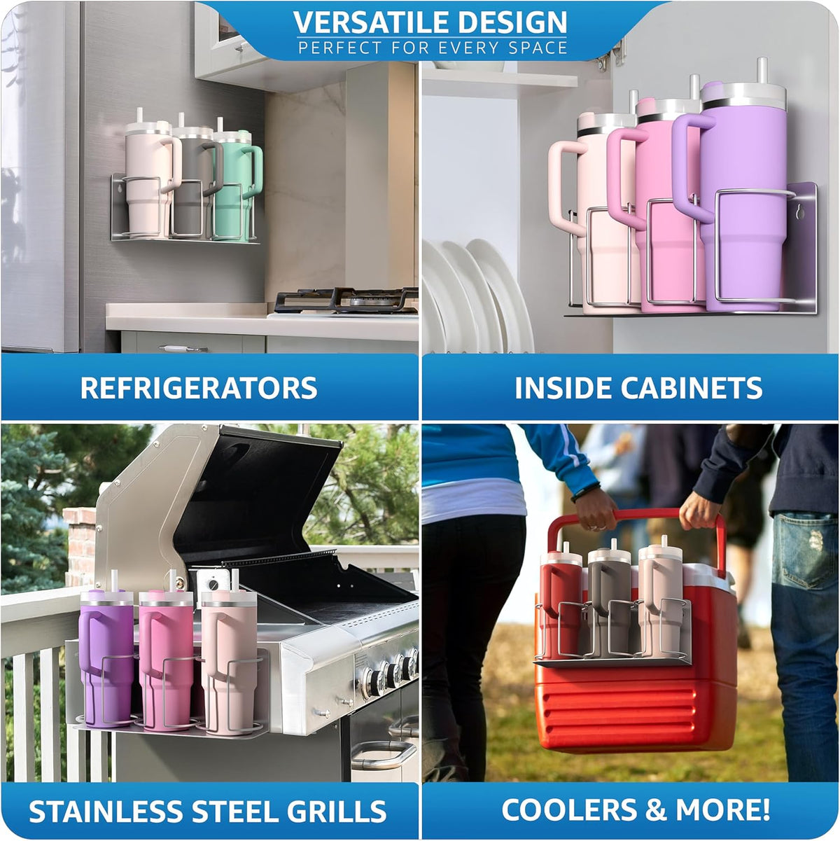Tumbler Cup Organizer – 3-Cup Holder for Cabinet, Fridge, or Wall – Magnetic or Screw Mount – Tumbler Storage Organizer for 20oz 30oz 40oz Cups, Tumblers, and Water Bottles (Black)