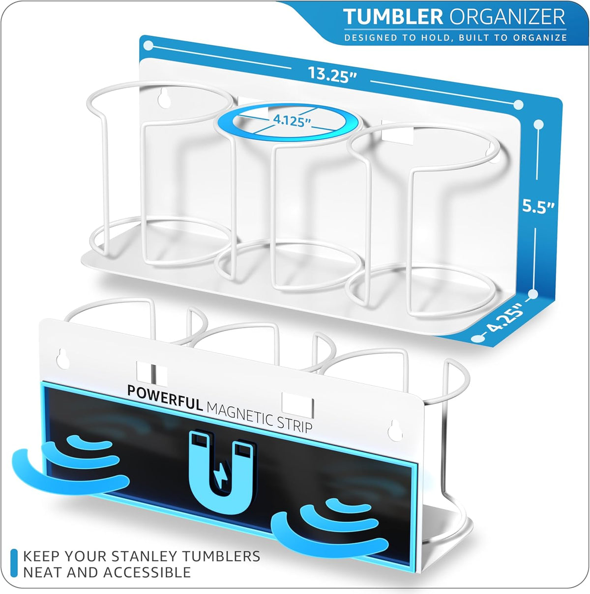 Tumbler Cup Organizer – 3-Cup Holder for Cabinet, Fridge, or Wall – Magnetic or Screw Mount – Tumbler Storage Organizer for 20oz 30oz 40oz Cups, Tumblers, and Water Bottles (Black)