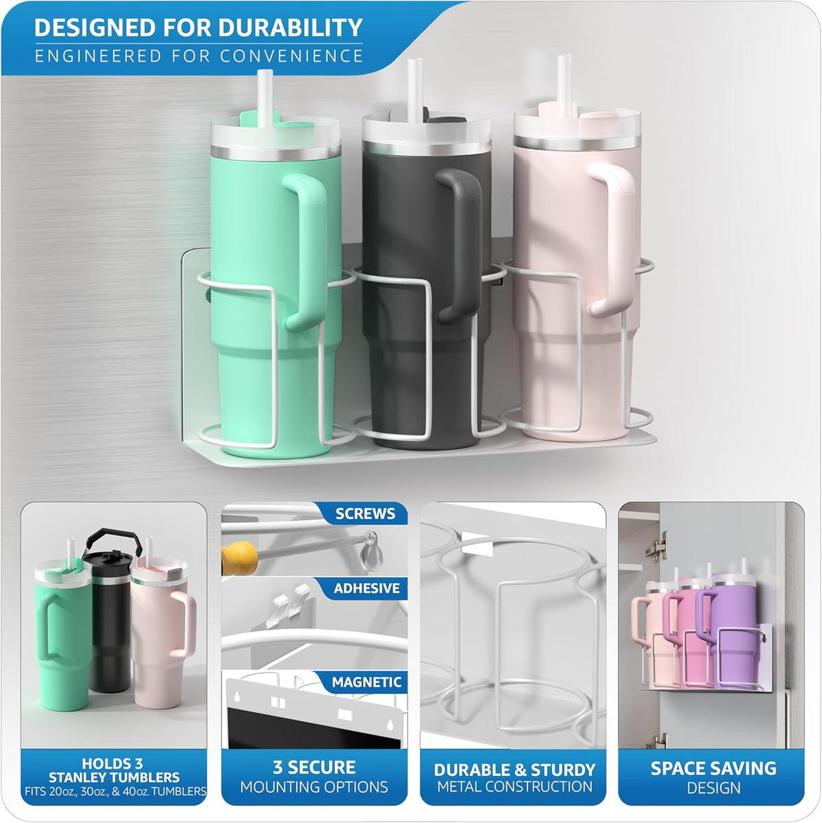 Tumbler Cup Organizer – 3-Cup Holder for Cabinet, Fridge, or Wall – Magnetic or Screw Mount – Tumbler Storage Organizer for 20oz 30oz 40oz Cups, Tumblers, and Water Bottles (Black)