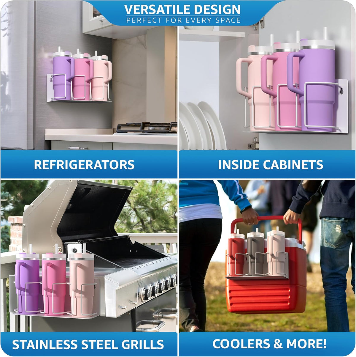 Tumbler Cup Organizer – 3-Cup Holder for Cabinet, Fridge, or Wall – Magnetic or Screw Mount – Tumbler Storage Organizer for 20oz 30oz 40oz Cups, Tumblers, and Water Bottles (Black)