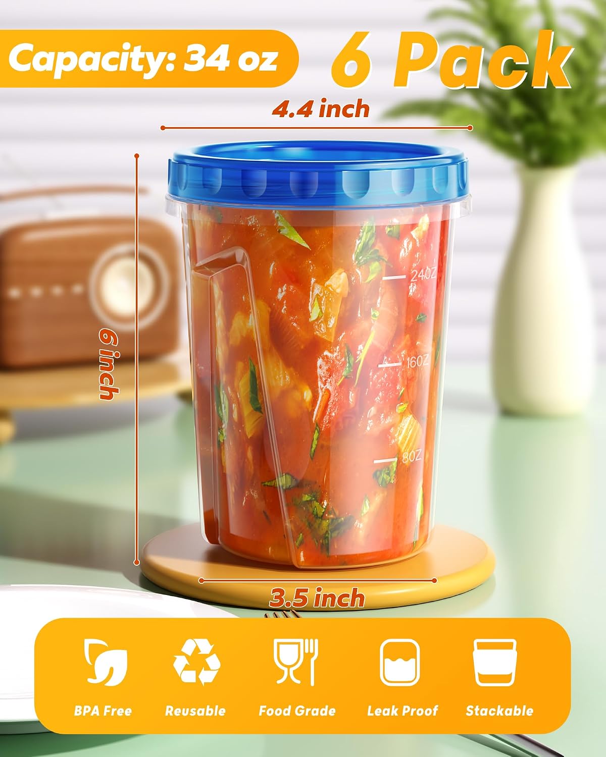 24 oz Freezer Storage Containers, Plastic Food Storage Containers with Twist Top Lids, BPA Free and Reusable Soup Containers with Lids, Leakproof/Microwave/Dishwasher Safe
